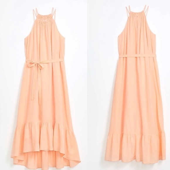 LOFT flounce halter maxi dress fully lined peach colour self tying belt medium - Picture 1 of 13